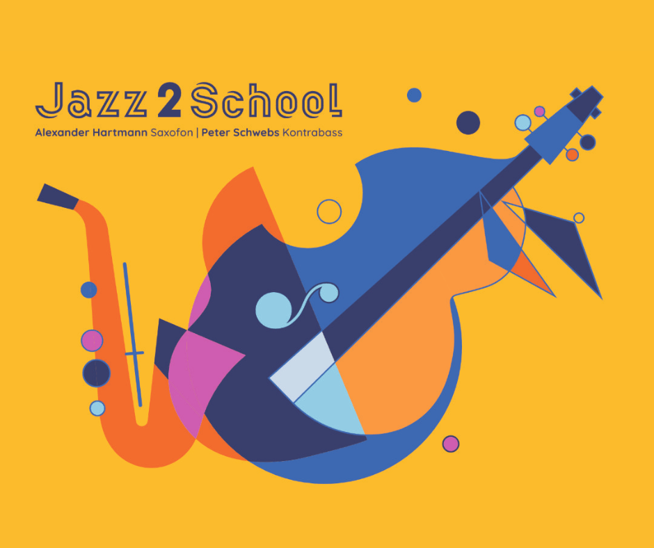 Buntes Grafikdesign mit Saxofon und Kontrabass, gelber Hintergrund.
