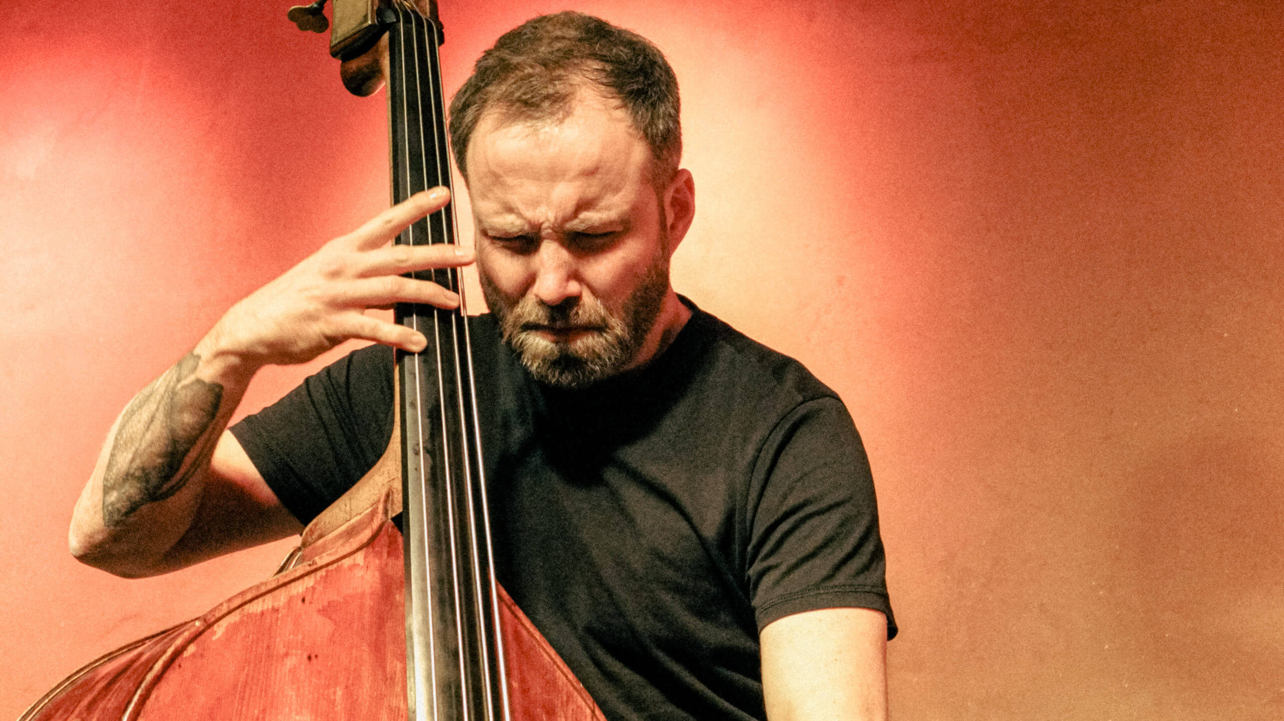 Mann spielt Kontrabass vor rotem Hintergrund.
