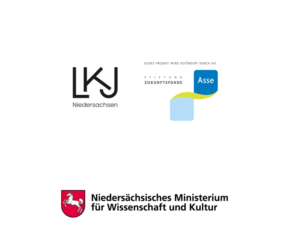 Drei Logos auf weißem Hintergrund: LKJ Niedersachsen, Asse Stiftung Zukunftsfonds, Niedersächsisches Ministerium.