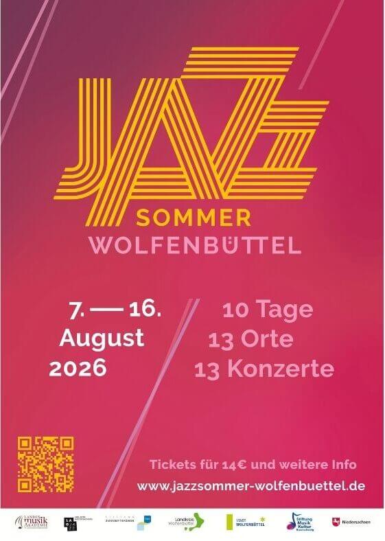 Rosa Poster des Jazzsommer Wolfenbüttel 2026 mit Daten und QR-Code.