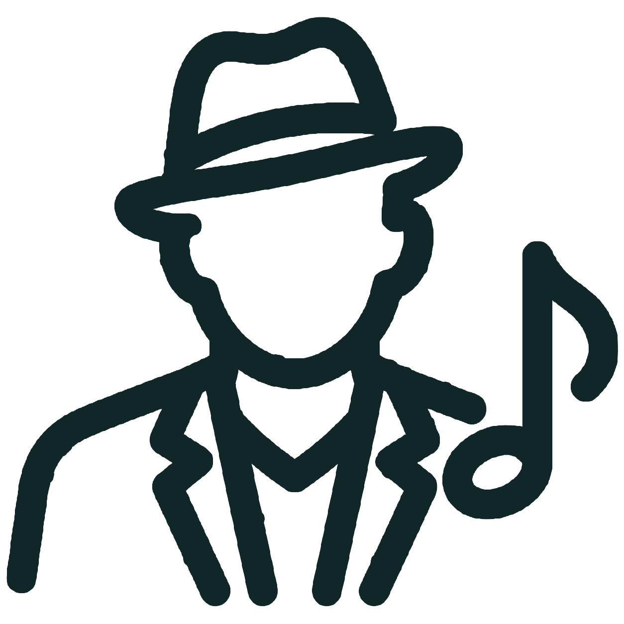 Weißes Line-Icon eines Jazzmusikers mit Hut und Musiknote.